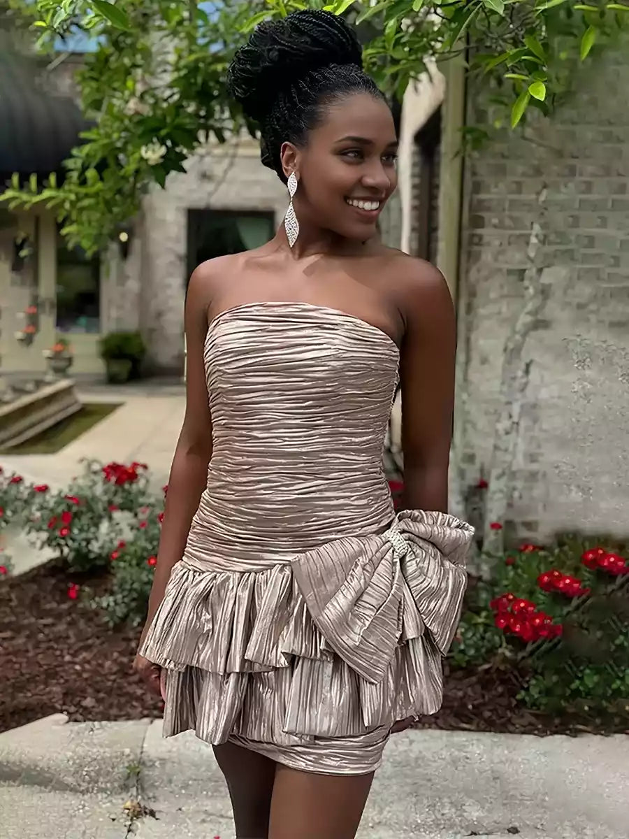 Charming A-line satin short off shoulder neckline with sleeveless pleats and bow tie back Homecoming Dresses